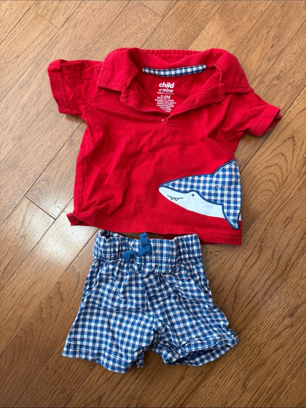 child of mine Red Polo Top with Blue Gingham Shark and Shorts